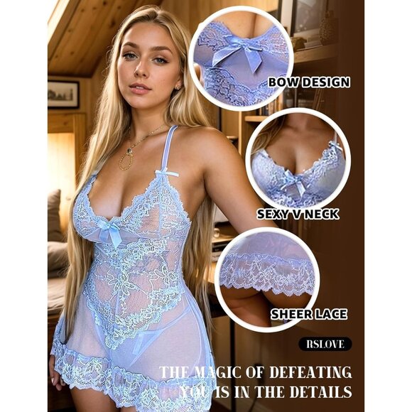 Women Light Blue Lingerie Lace Babydoll Mesh Chemise Sleepwear Bridal Nightdress - Picture 3 of 5